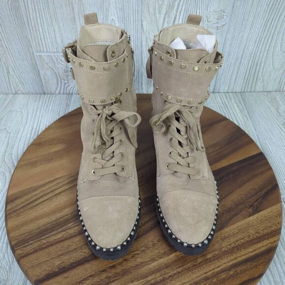 Sam Edelman Womens 8.5 Jennifer Boots Studded Combat Tan Suede Zip Ankle - Picture 3 of 12